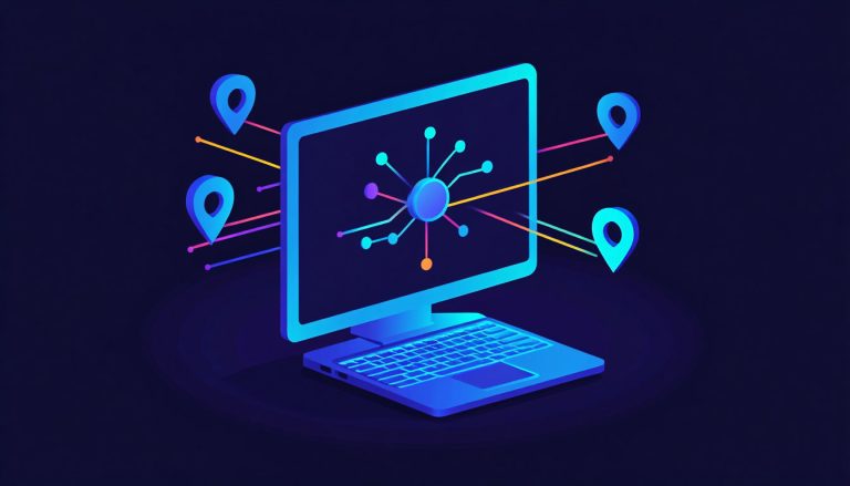 Плоская векторная иллюстрация компьютера на темном фоне, подключенного к разным сетевым точкам, символизирующая смену IP-адреса.